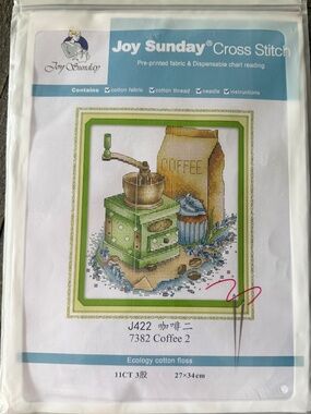 Coffee Grinder Pre-Printed Joy Sunday Cross Stitch Kit 11ct Aida - NEW